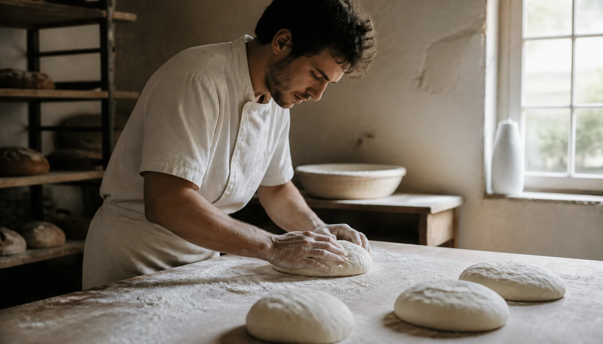 Boulanger façonnant des pâtons dans un fournil