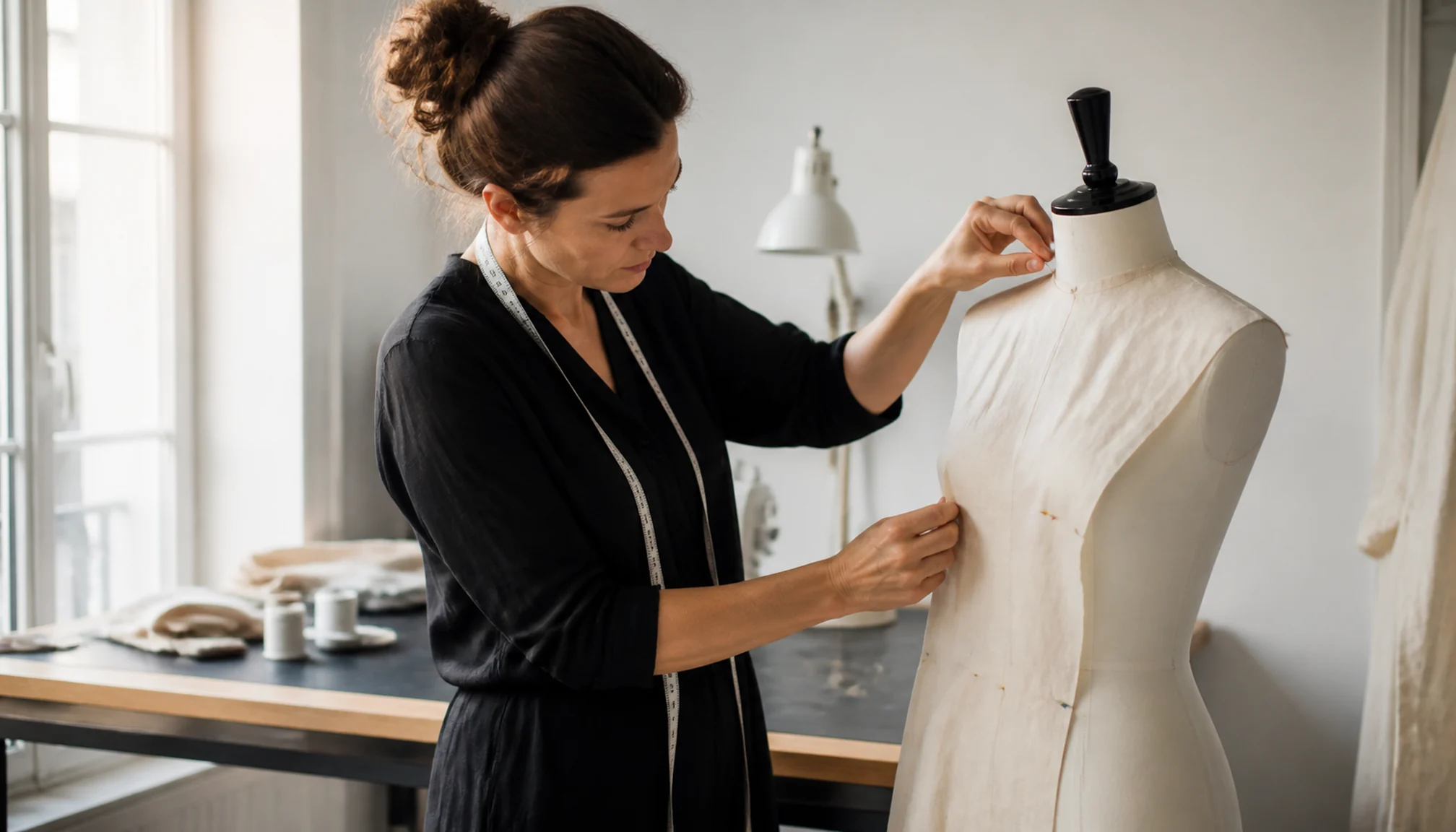 Couturière ajustant un patron sur un mannequin