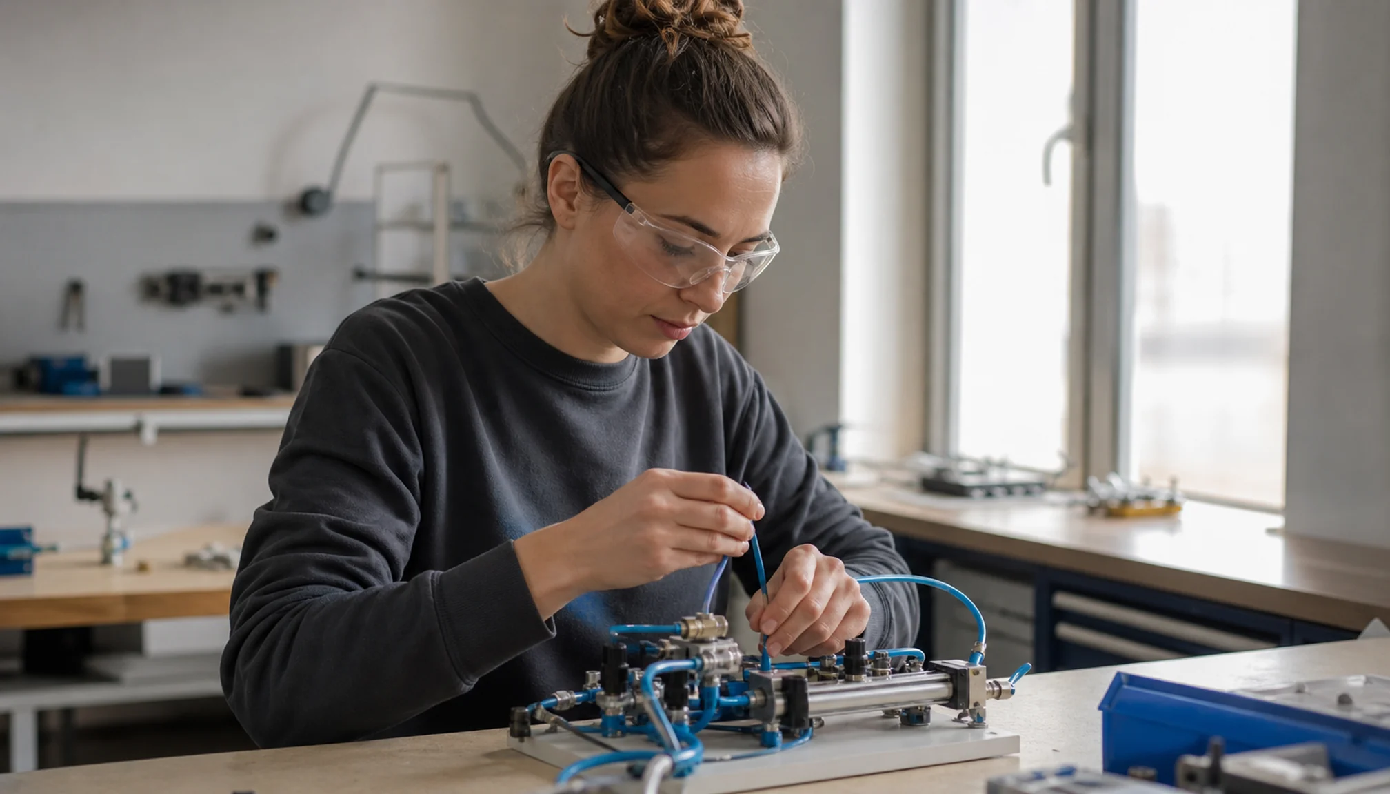 Adulte s’exerçant à une compétence technique en atelier