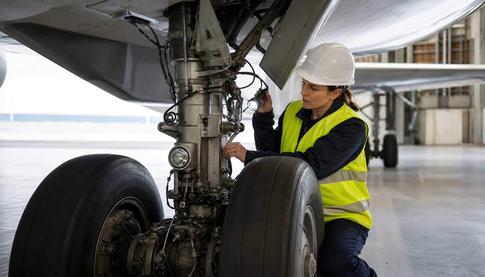 Technicienne inspectant le train d’atterrissage d’un avion