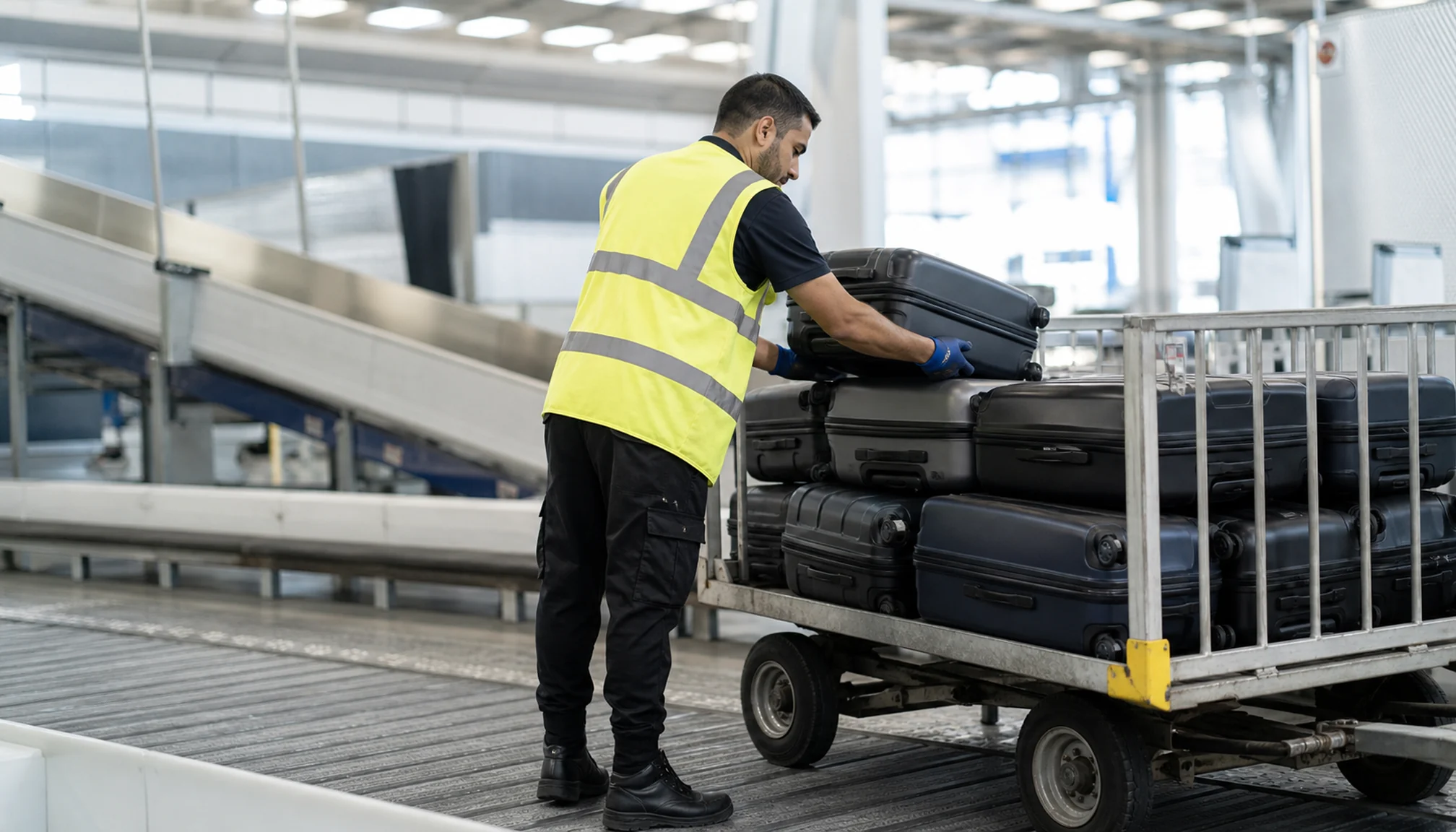 Bagagiste organisant des valises dans une zone de tri