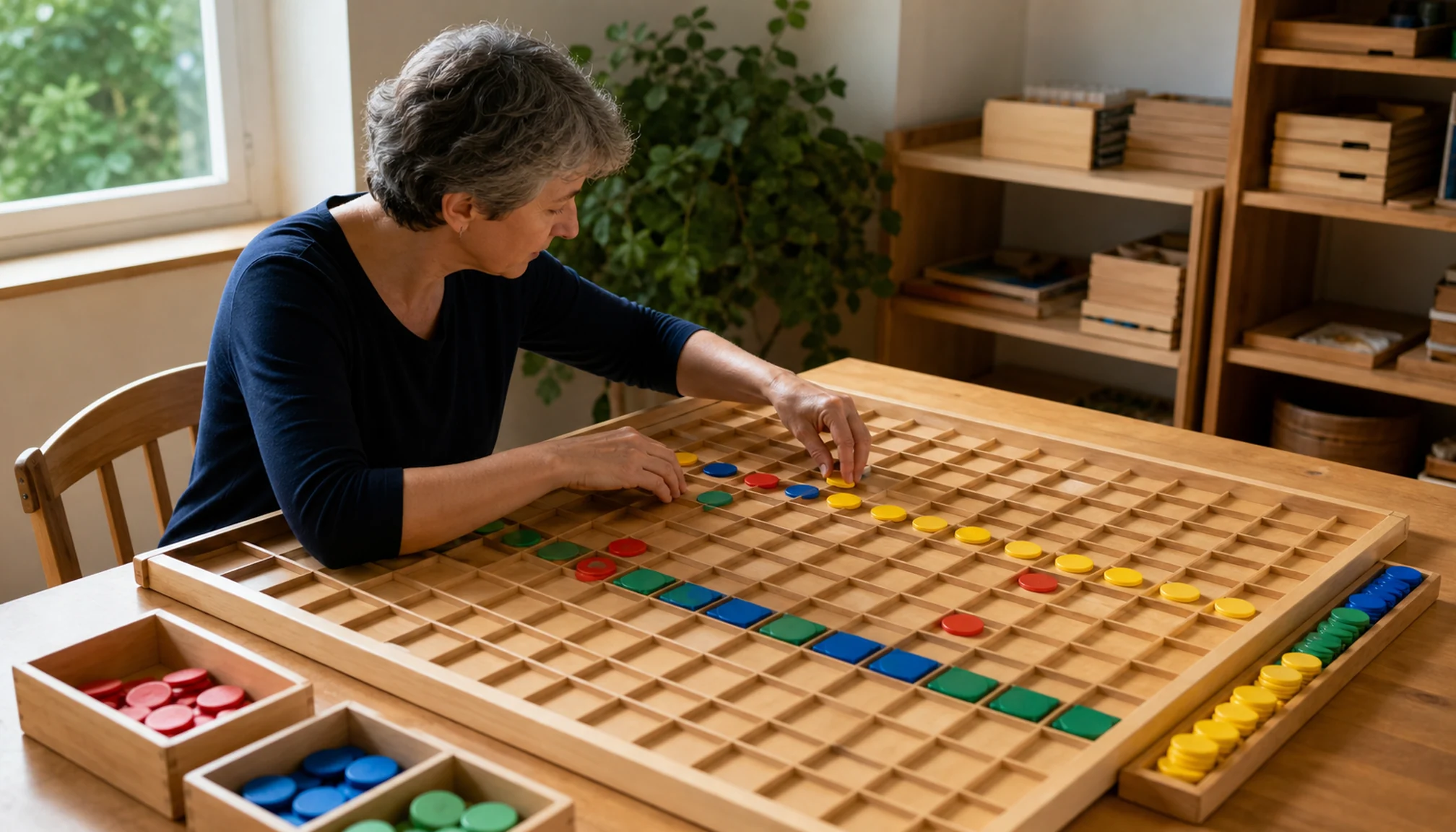Adulte triant des catégories dans un tableau à cases
