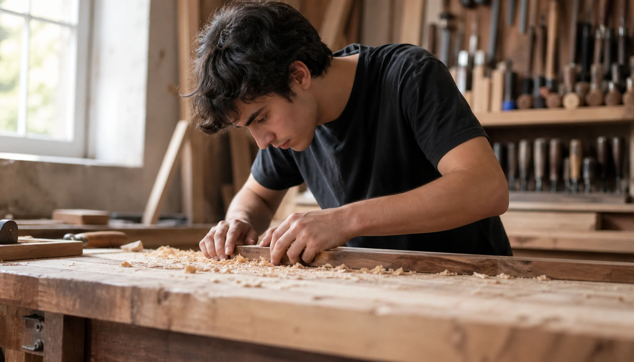 Apprenant ajustant une pièce de bois en atelier