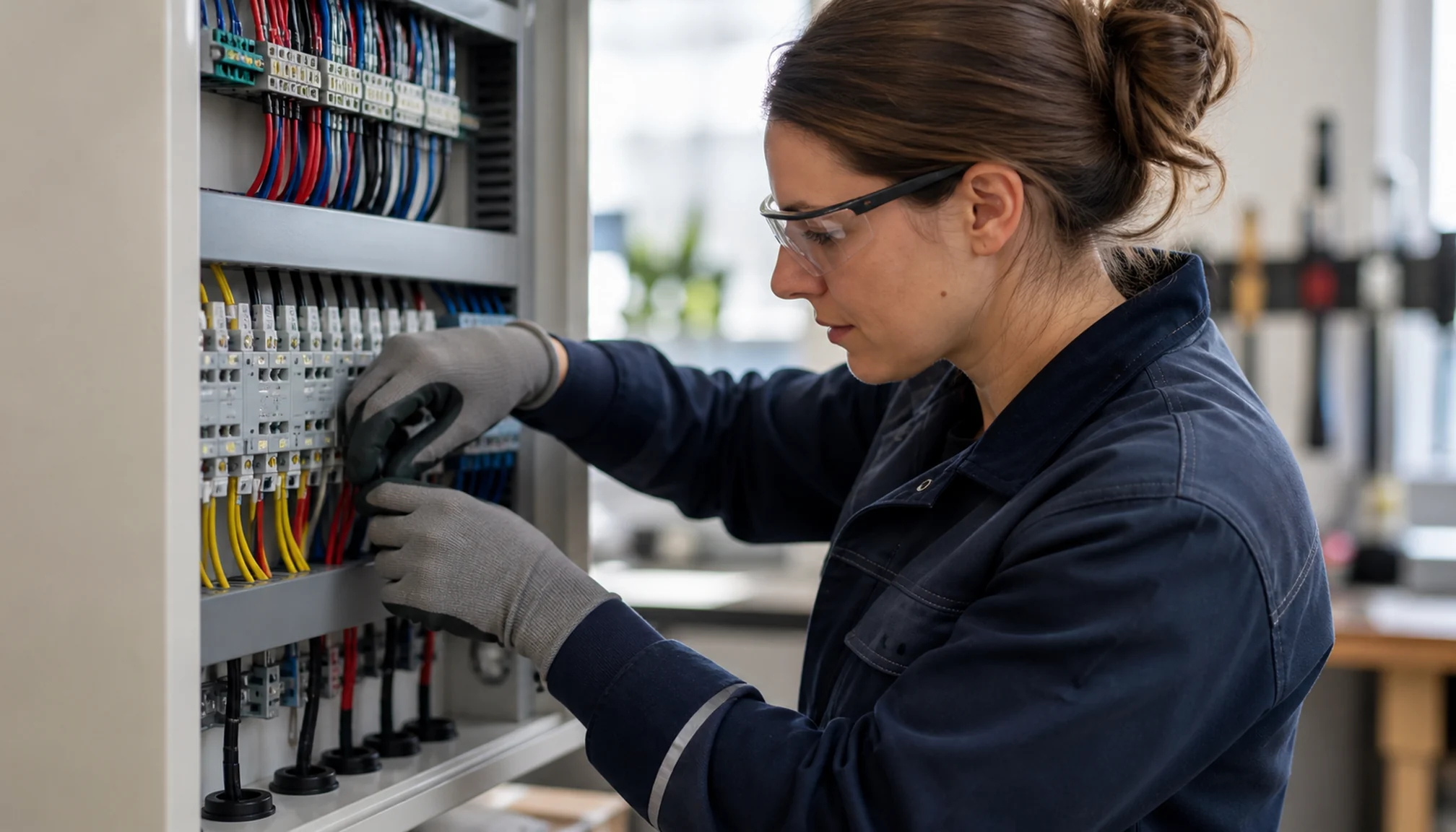Électricienne câblant un coffret pédagogique