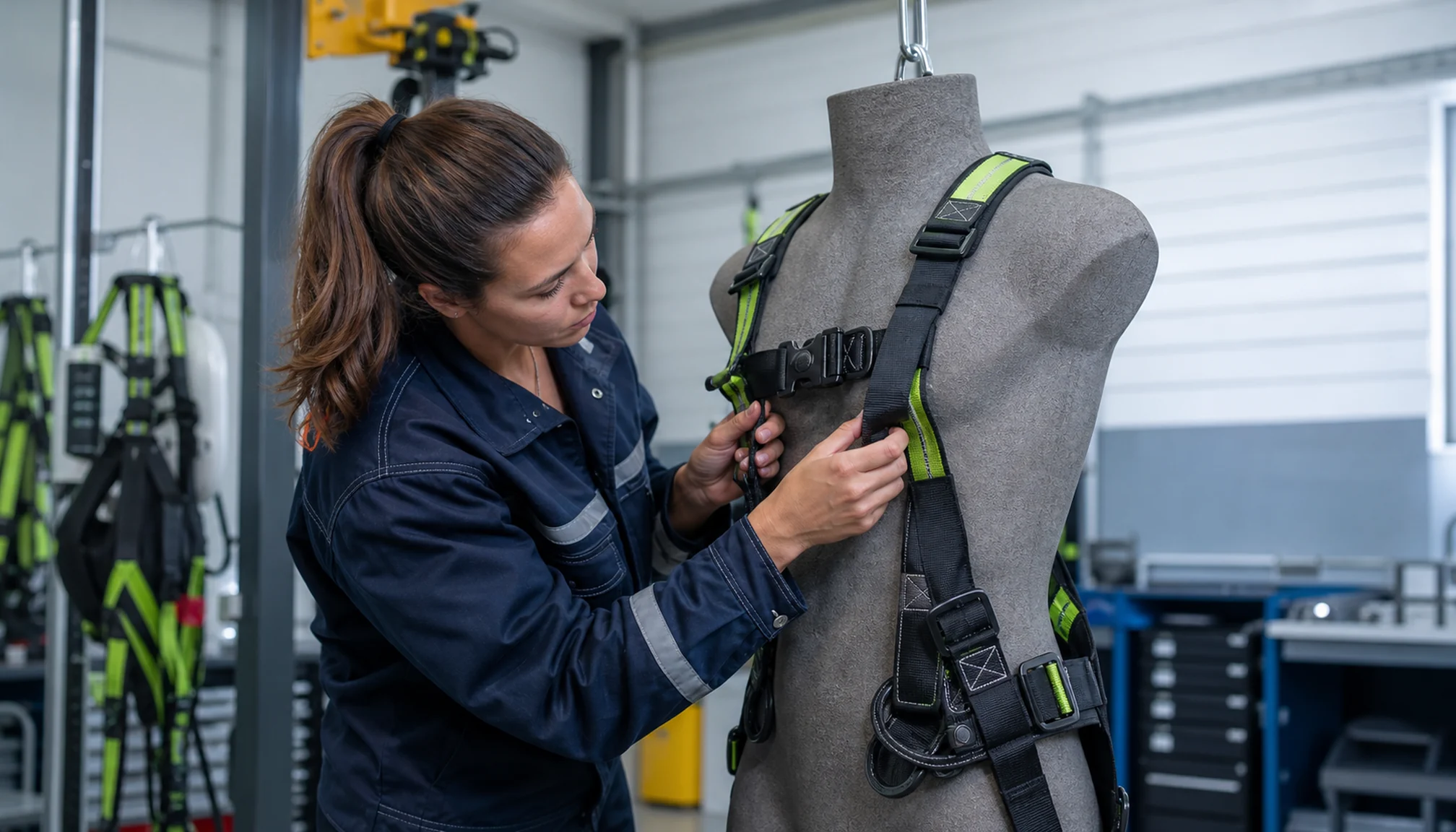 Technicienne contrôlant un équipement de sécurité
