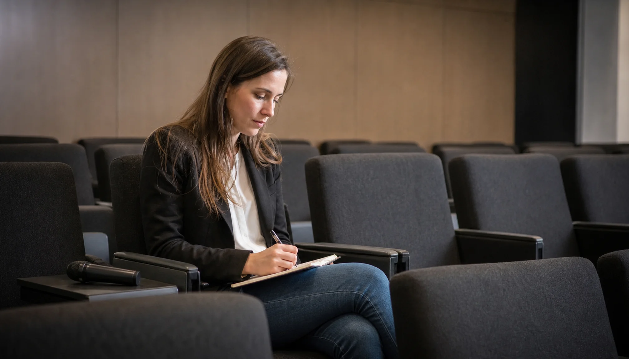 Reporter préparant ses notes avant une conférence
