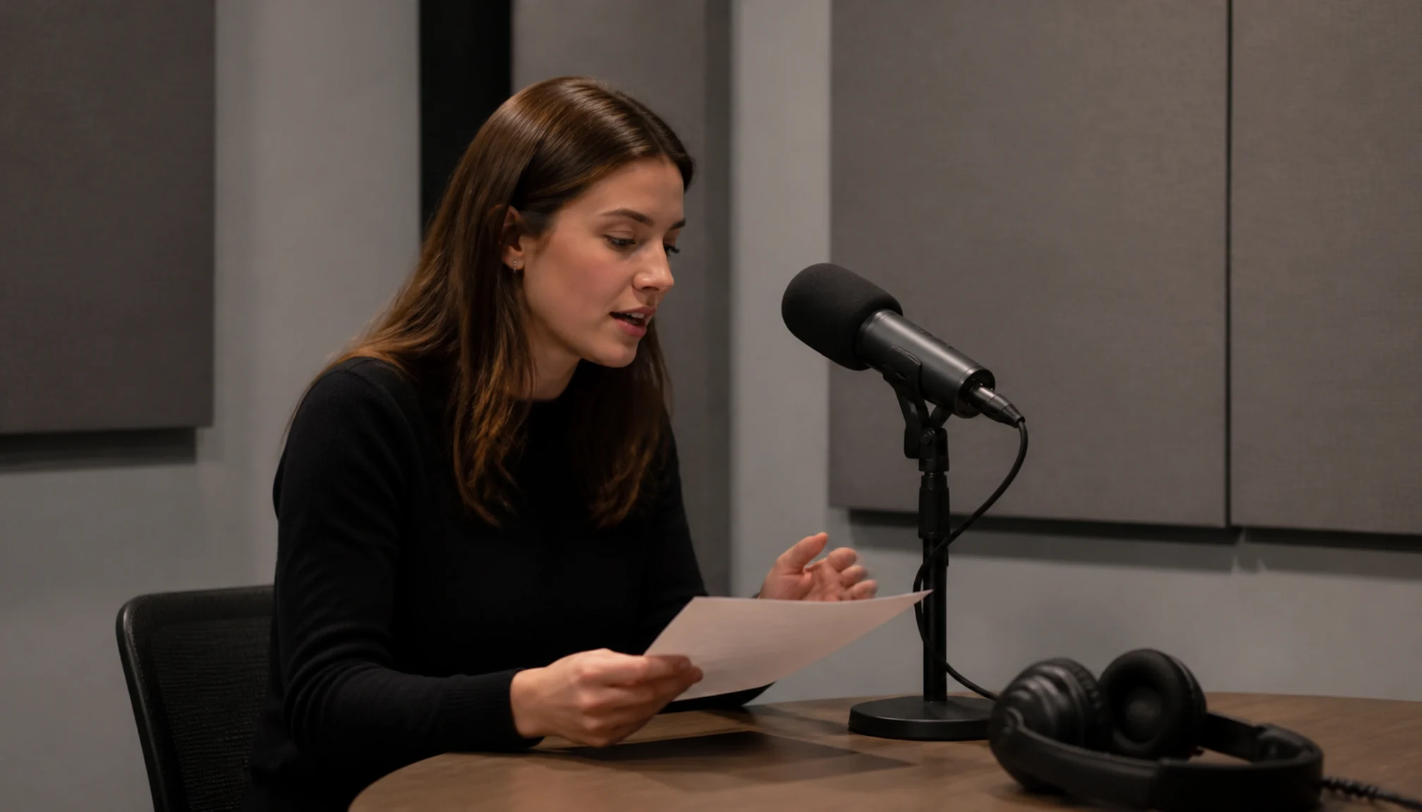 Journaliste s’entraînant devant un microphone de studio