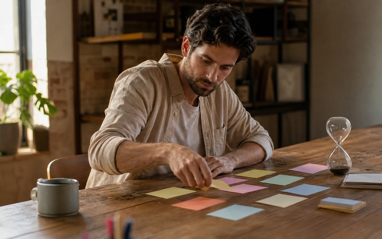 Apprenant organisant son travail avec des cartes et un sablier